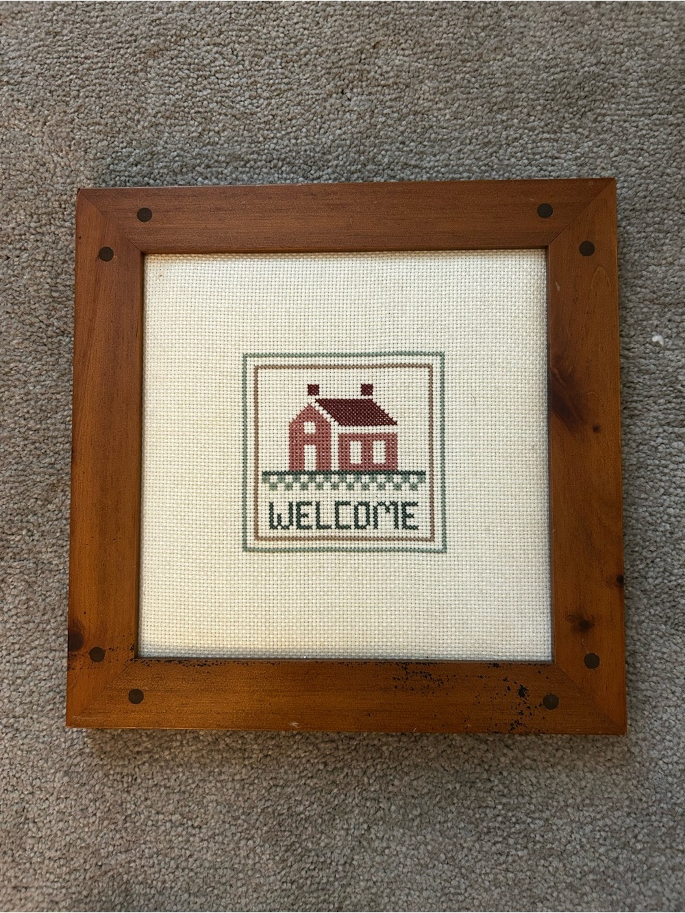 Vintage Framed Cross Stitch Welcome Sign in Wood Frame